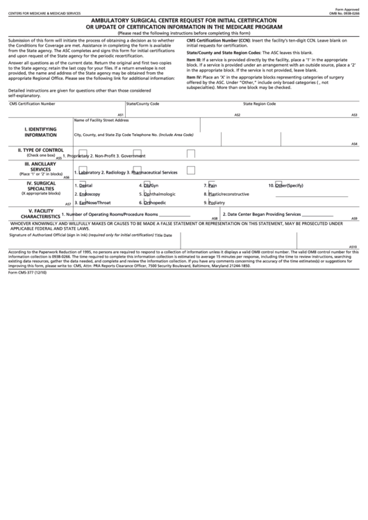 Fillable Form Cms-377 - Ambulatory Surgical Center Request For Initial Certification Or Update Of Certification Information In The Medicare Program Printable pdf