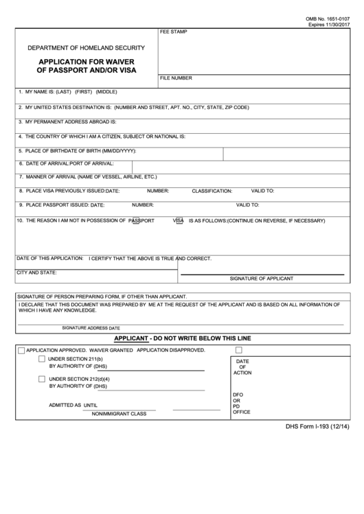 Fillable Form I-193 - Application For Waiver Of Passport And/or Visa Printable pdf