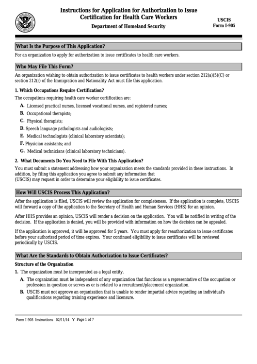 Instructions For Form I-905 - Application For Authorization To Issue Certification For Health Care Workers Printable pdf