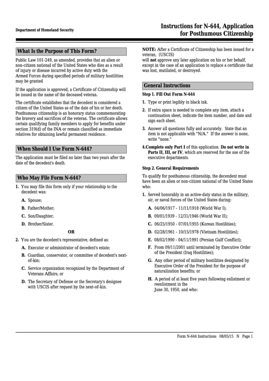 Instructions For Form N-644 - Application For Posthumous Citizenship Printable pdf