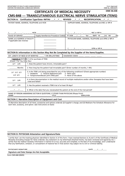 Form Cms-848 - Certificate Of Medical Necessity - Transcutaneous Electrical Nerve Stimulator (Tens) - Dme 06.03b Printable pdf