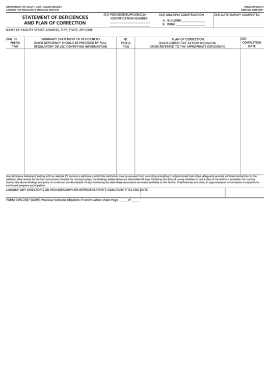 Fillable Form Cms-2567 - Statement Of Deficiencies And Plan Of Correction Printable pdf