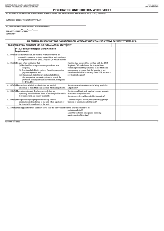 Fillable Form Cms-437- Psychiatric Unit Criteria Worksheet Printable pdf