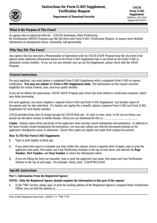 Instructions For Form G-845 Supplement - Document Verification Request Supplement Printable pdf