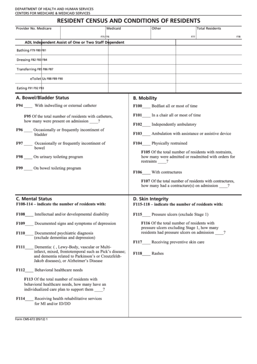 Fillable Form Cms-672 - Resident Census And Conditions Of Residents Printable pdf