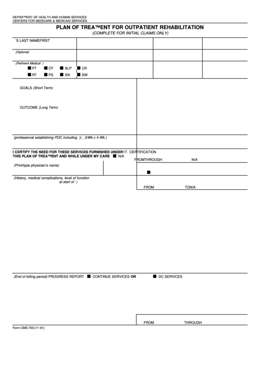 Form Cms-700 - Plan Of Treatment For Outpatient Rehabilitation Printable pdf