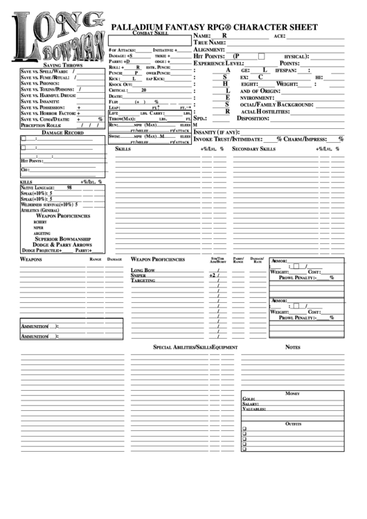 Palladium Fantasy Character Sheet Printable pdf