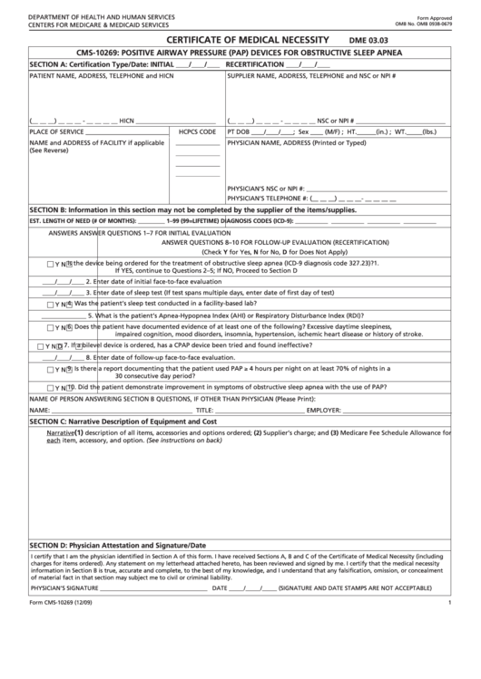 Fillable Form Cms-10269 - Certificate Of Medical Necessity - Dme 03.03 - Positive Airway Pressure (Pap) Devices For Obstructive Sleep Apnea Printable pdf