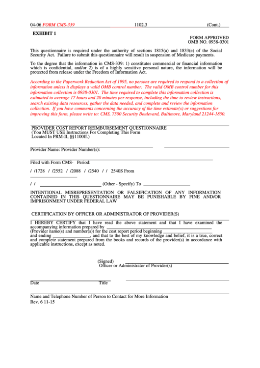 Form Cms-339 - Provider Cost Report Reimbursement Questionnaire Printable pdf