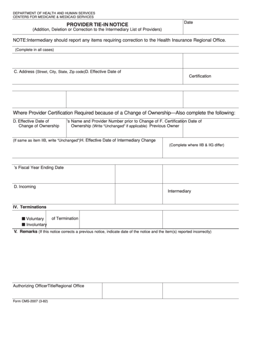 Form Cms-2007 - Provider Tie In Notice Printable pdf