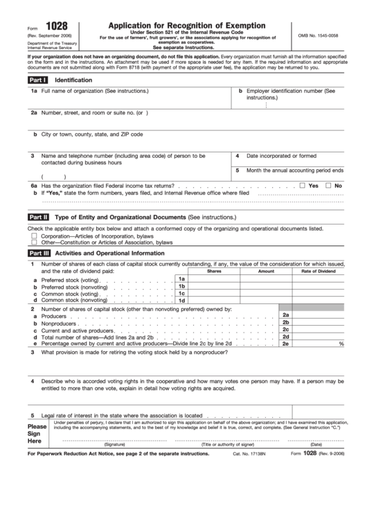 Fillable Form 1028 - Application For Recognition Of Exemption Under Section 521 Of The Internal Revenue Code Printable pdf