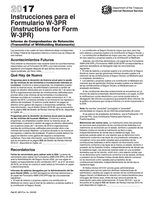 Instrucciones Para El Formulario W-3pr, Informe De Comprobantes De Retencion Printable pdf