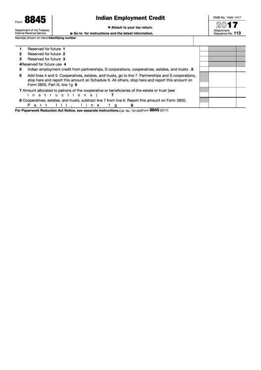 Fillable Form 8845 - Indian Employment Credit - 2016 Printable pdf
