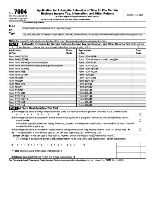 Fillable Form 7004 - Application For Automatic Extension Of Time To File Certain Business Income Tax, Information, And Other Returns Printable pdf