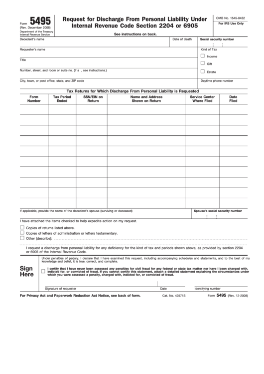 Fillable Form 5495 - Request For Discharge From Personal Liability Under I.r. Code Sec. 2204 Or 6905 Printable pdf