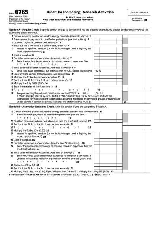 Fillable Form 6765 - Credit For Increasing Research Activities - 2016 Printable pdf