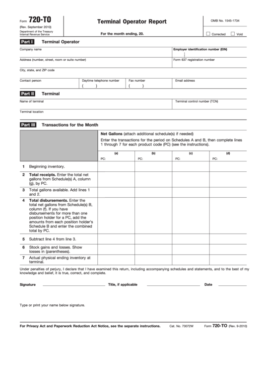 Fillable Form 720-To - Terminal Operator Report Printable pdf