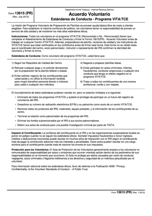 Fillable Form 13615 (Pr) - Acuerdo Voluntario Estandares De Conducta - Programa Vita/tce (Spanish Version) Printable pdf
