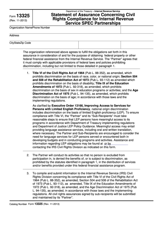 Fillable Form 13325 - Statement Of Assurance Concerning Civil Rights Compliance For Irs Spec Partnerships Printable pdf