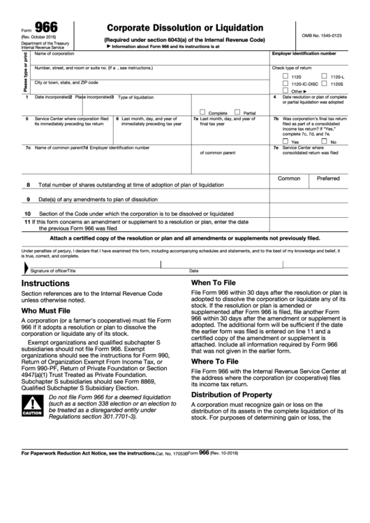 Fillable Form 966 - Corporate Dissolution Or Liquidation Printable pdf
