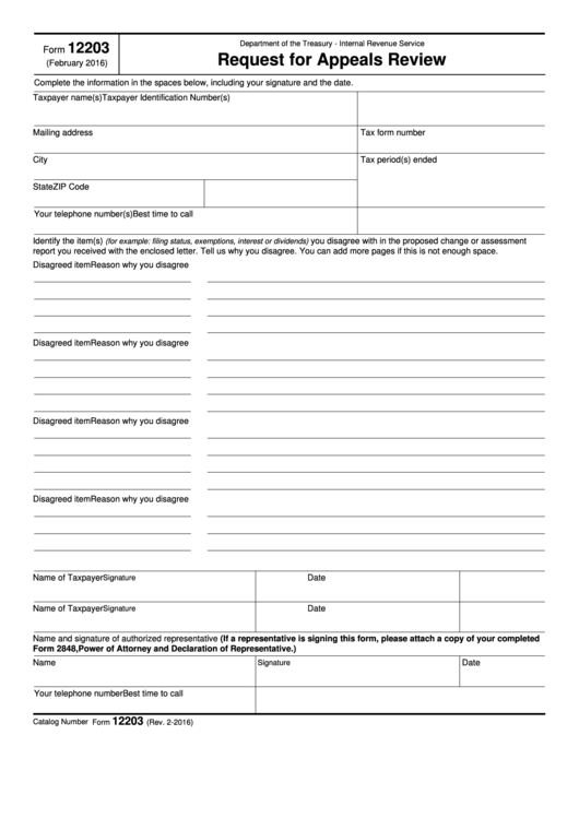 Fillable Form 12203 - Request For Appeals Review Printable pdf