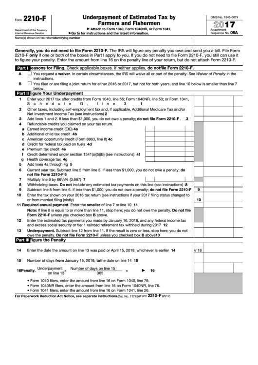 Fillable Form 2210-F - Underpayment Of Estimated Tax By Farmers And Fishermen - 2016 Printable pdf
