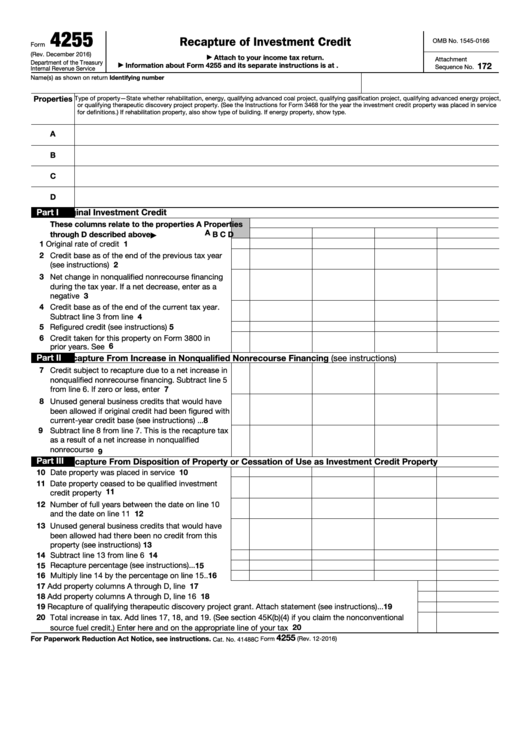 Fillable Form 4255 - Recapture Of Investment Credit Printable pdf
