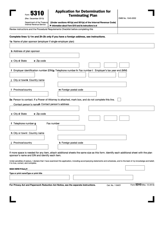 Form 5310 - Application For Determination For Terminating Plan