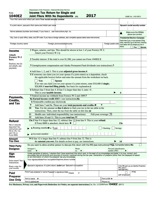 Fillable Form 1040Ez  Income Tax Return For Single And Joint Filers