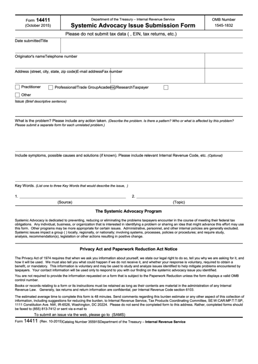 Fillable Form 14411 - Systemic Advocacy Issue Submission Printable pdf