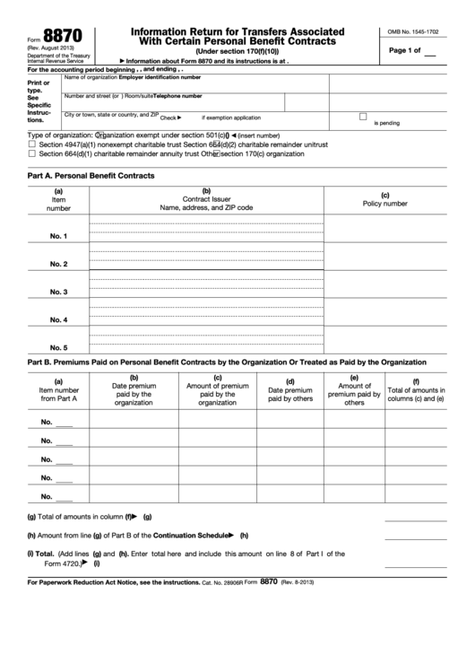 Fillable Form 8870 - Information Return For Transfers Associated With Certain Personal Benefit Contracts Printable pdf