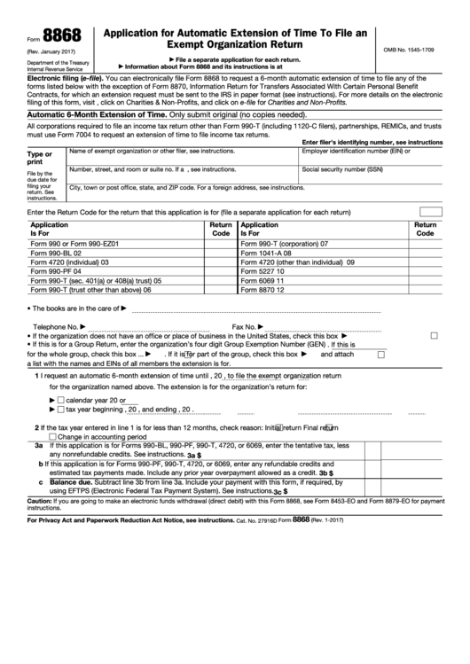 Fillable Form 8868 - Application For Automatic Extension Of Time To File An Exempt Organization Return Printable pdf