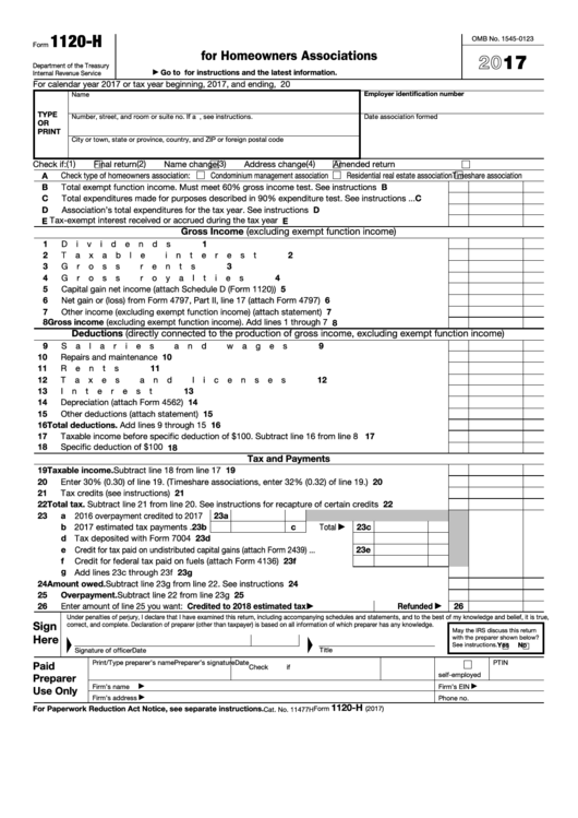Fillable Form 1120-H - U.s. Income Tax Return For Homeowners Associations - 2016 Printable pdf