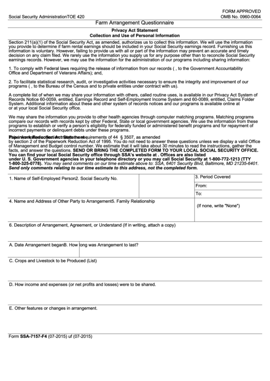 Fillable Form Ssa-7157-F4 - Farm Arrangement Questionnaire Printable pdf