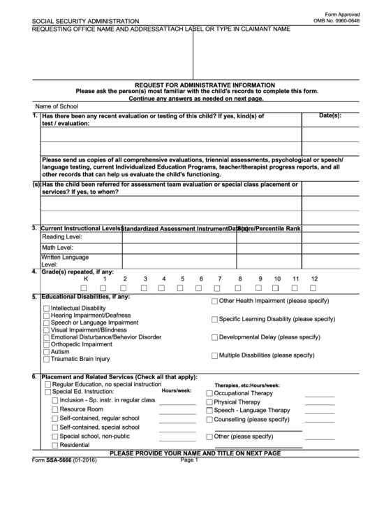 Fillable Form Ssa-5666 - Request For Administrative Information Printable pdf