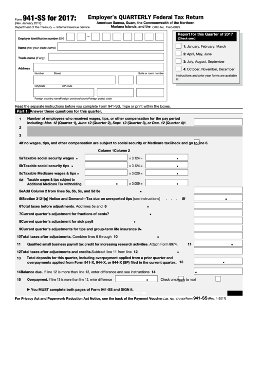 Form 941-ss - Employer's Quarterly Federal Tax Return - American Samoa, Guam, The Commonwealth Of The Northern Mariana Islands, And The U.s. Virgin Islands - 2017