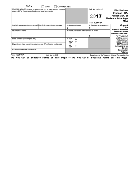 Form 1099-sa - Distributions From An Hsa, Archer Msa, Or Medicare Advantage Msa - 2017