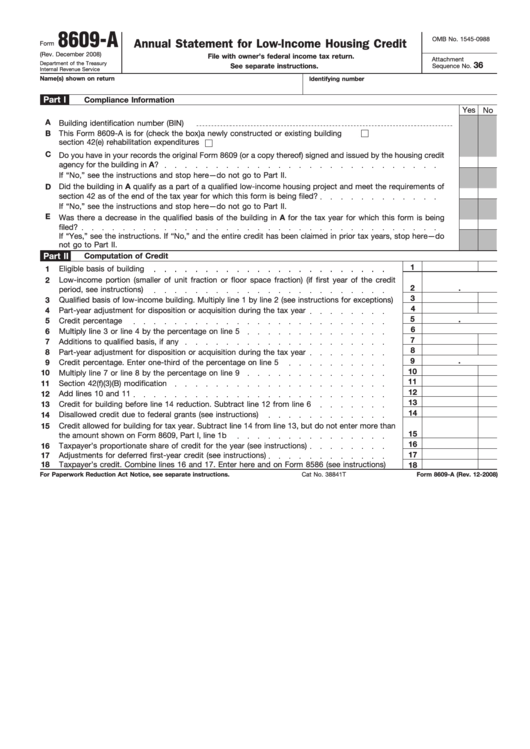 Fillable Form 8609-A - Annual Statement For Low-Income Housing Credit Printable pdf