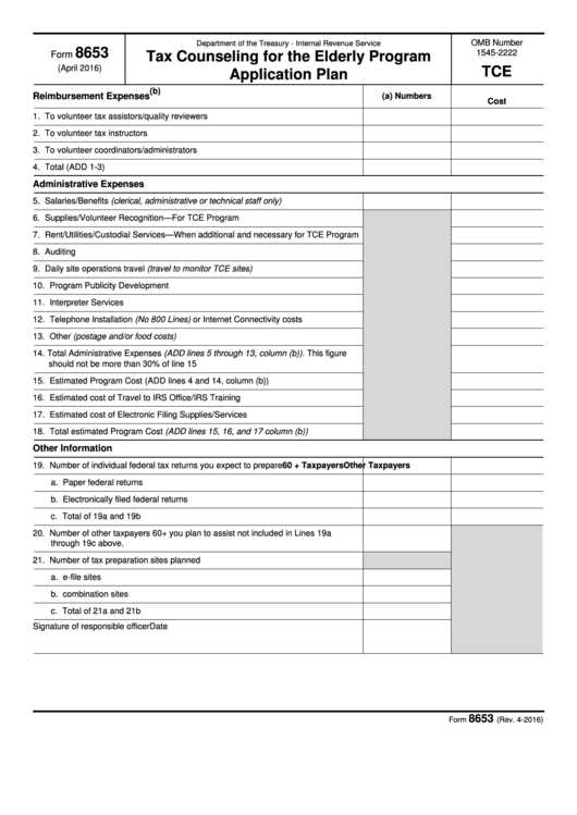 Fillable Form 8653 - Tax Counseling For The Elderly Program Application Plan Printable pdf