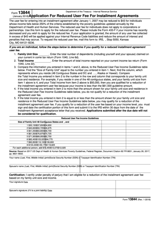 Fillable Form 13844 - Application For Reduced User Fee For Installment Agreements Printable pdf