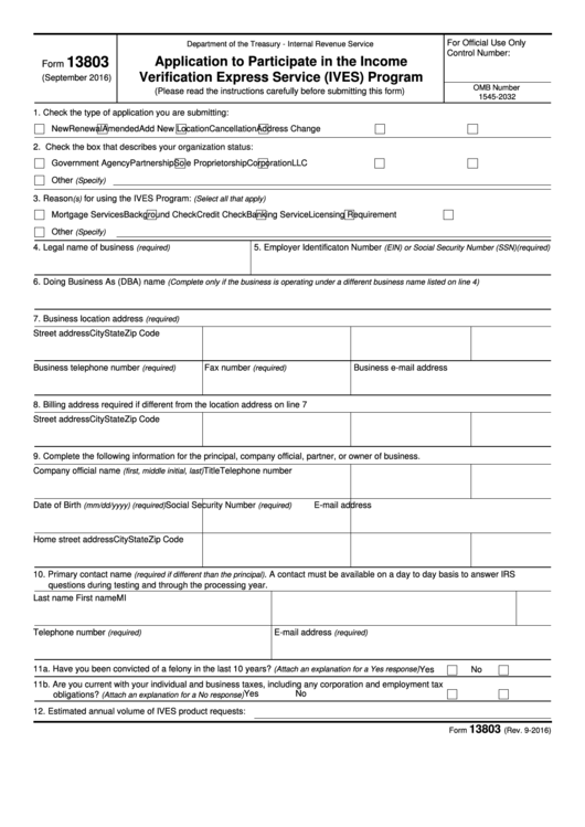 Fillable Form 13803 - Application To Participate In The Income Verification Express Service (Ives) Program Printable pdf