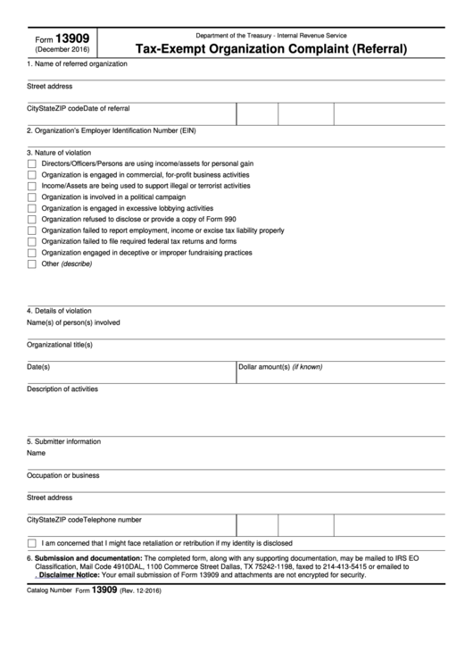 Fillable Form 13909 - Tax-Exempt Organization Complaint (Referral) Printable pdf