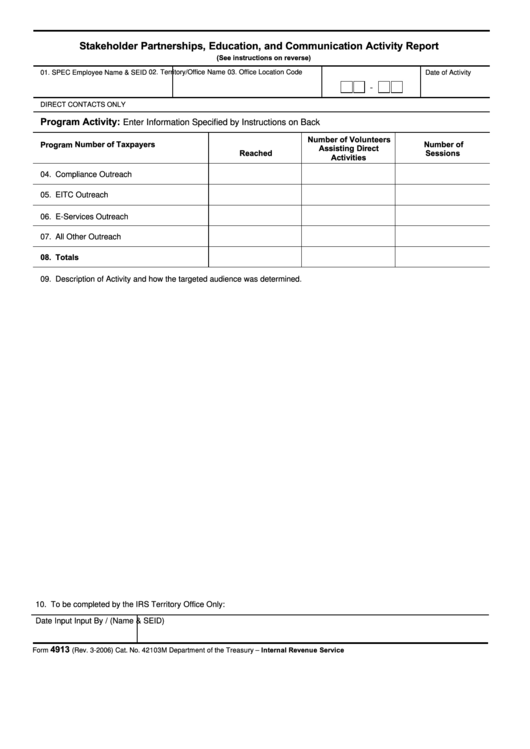 Fillable Form 4913 - Taxpayer Education Statistical Report Printable pdf