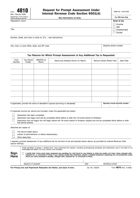 Fillable Form 4810 - Request For Prompt Assessment Under Ir Code Section 6501(D) Printable pdf