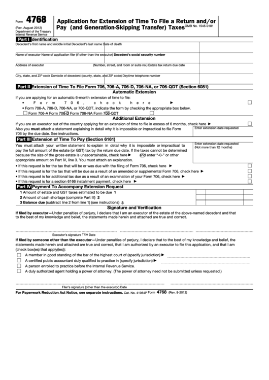Form 4768 - Application For Extension Of Time To File A Return And/or Pay U.s. Estate (And Generation-Skipping Transfer) Taxes Printable pdf
