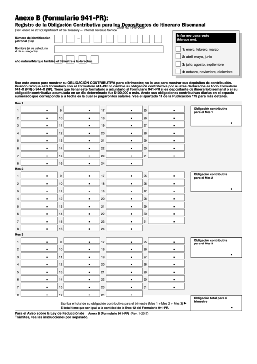 Fillable Anexo B (Formulario 941-Pr) - Registro De La Obligacion Contributiva Para Los Depositantes De Itinerario Bisemanal Printable pdf