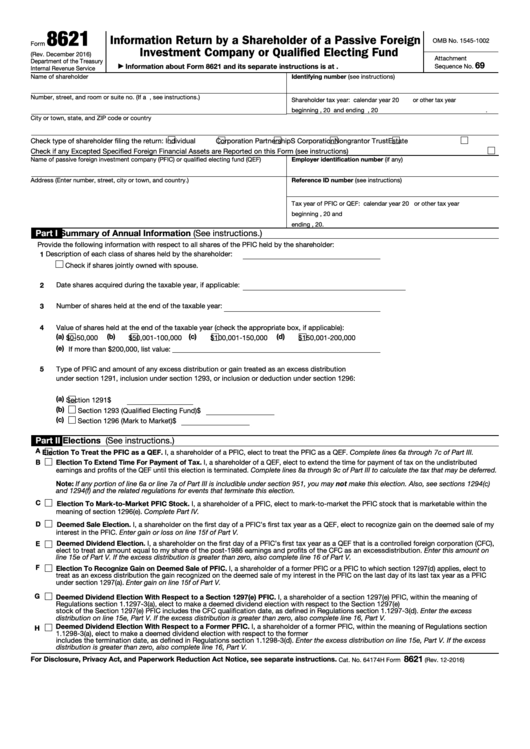 Fillable Form 8621 - Information Return By A Shareholder Of A Passive Foreign Investment Company Or Qualified Electing Fund Printable pdf