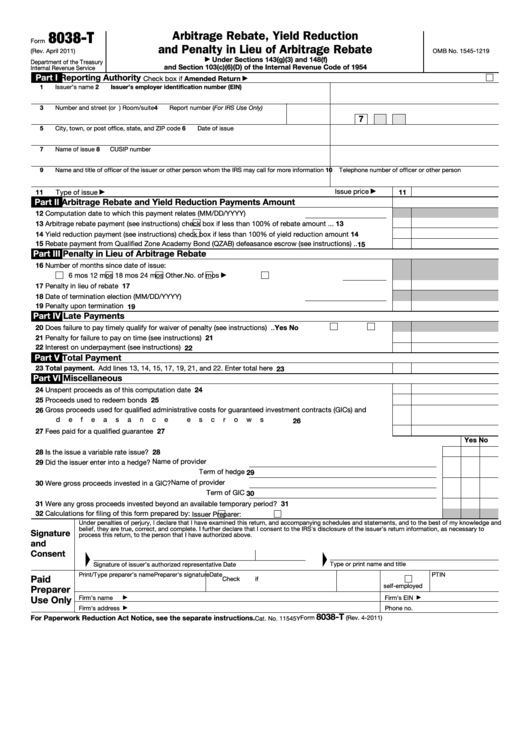 Fillable Form 8038-T - Arbitrage Rebate, Yield Reduction And Penalty In Lieu Of Arbitrage Rebate Printable pdf