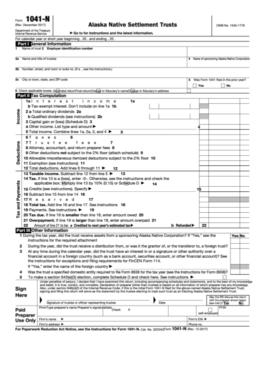 Fillable Form 1041-N - U.s. Income Tax Return For Electing Alaska Native Settlement Trusts Printable pdf