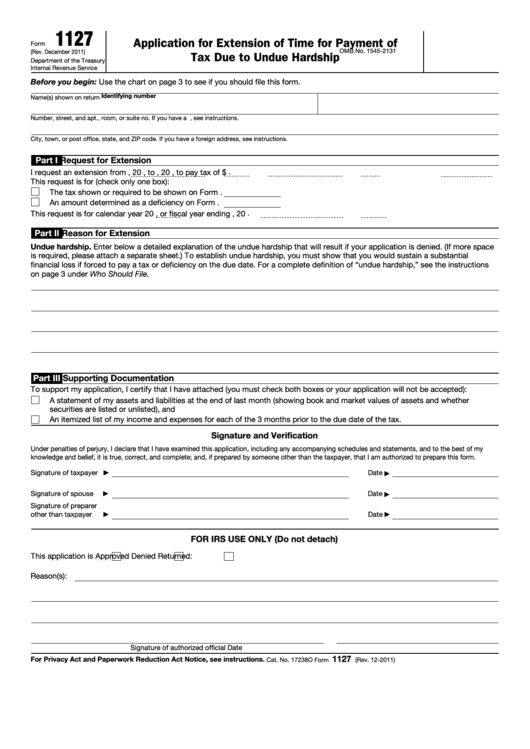 Fillable Form 1127 - Application For Extension Of Time For Payment Of Tax Due To Undue Hardship Printable pdf
